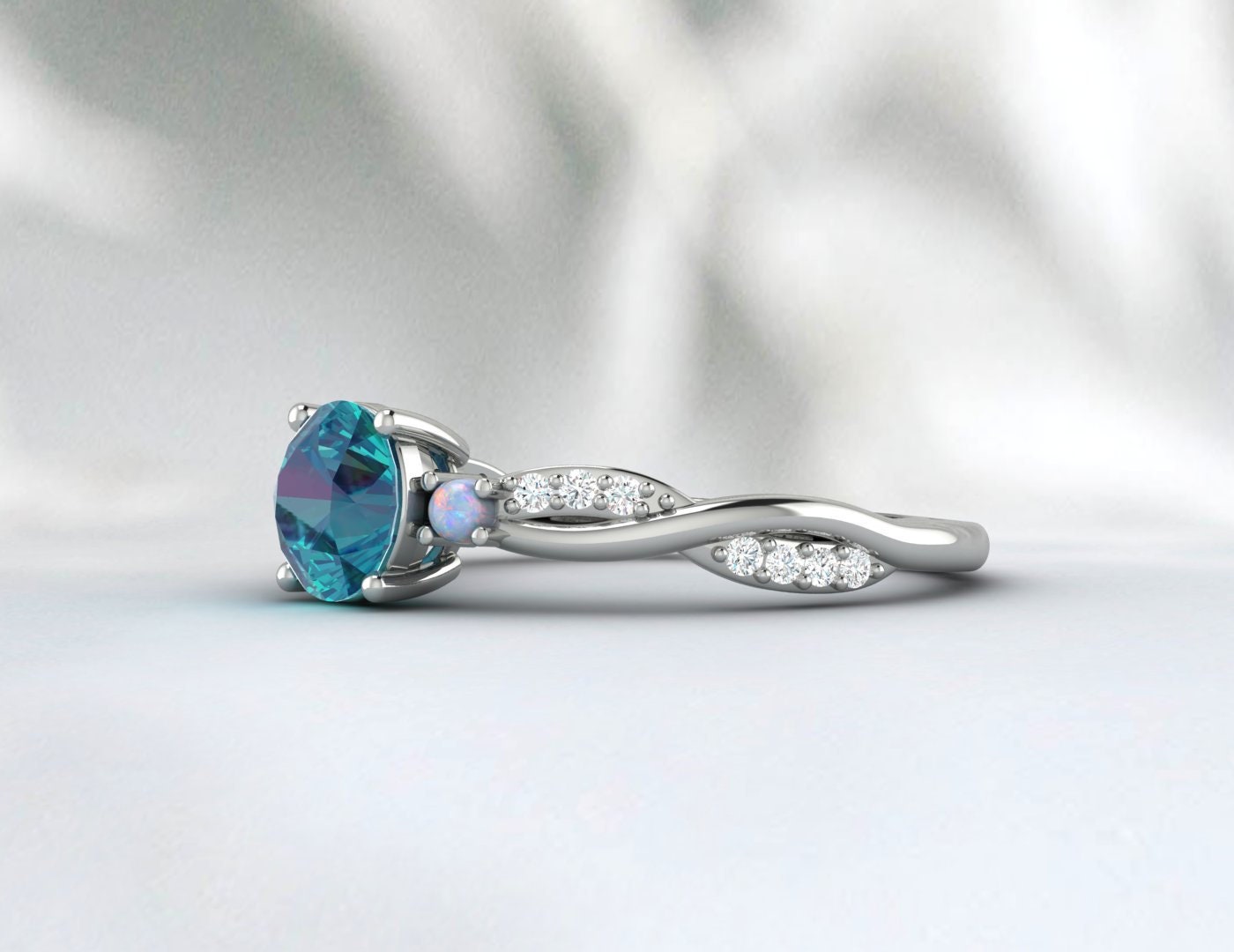 Round London Blue Topaz engagement ring, vintage opal ring, Diamond ring for women rose gold ring jewelry unique anniversary wedding ring