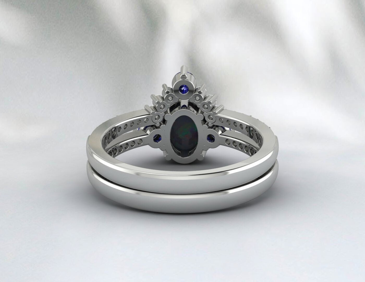 Opal Sapphire Bridal Set 14K Rose Gold | Rainbow Opal Engagement Ring Sterling Silver