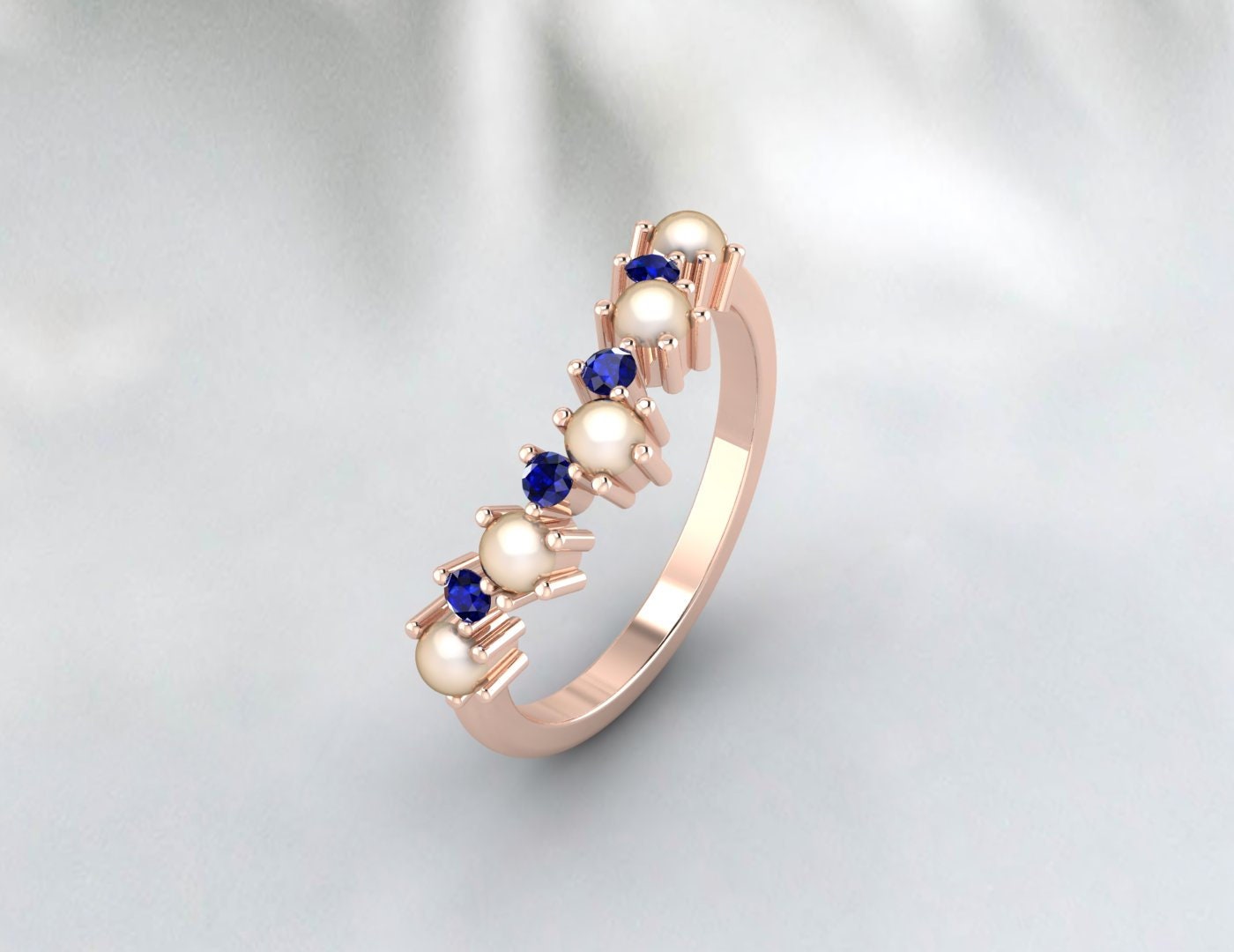 Pearl And Sapphire Curved Wedding Band Chevron Ring Matching Band