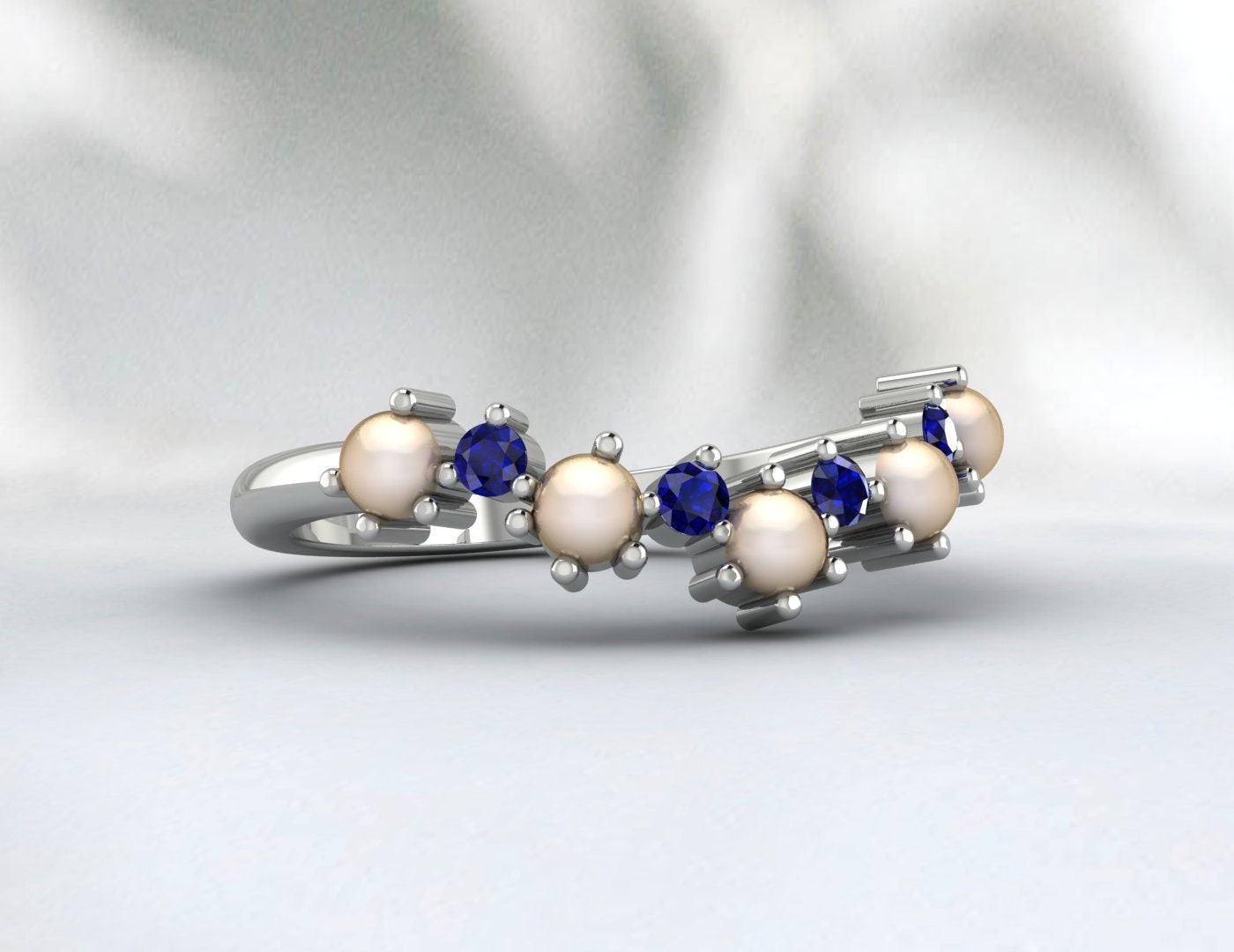 Pearl And Sapphire Curved Wedding Band Chevron Ring Matching Band