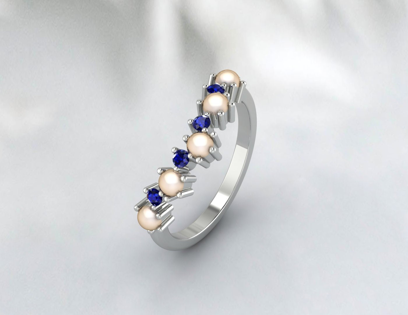 Pearl And Sapphire Curved Wedding Band Chevron Ring Matching Band