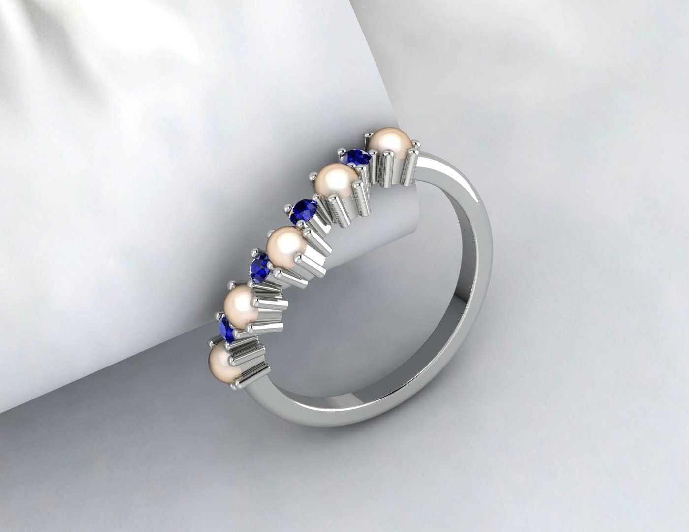 Pearl And Sapphire Curved Wedding Band Chevron Ring Matching Band