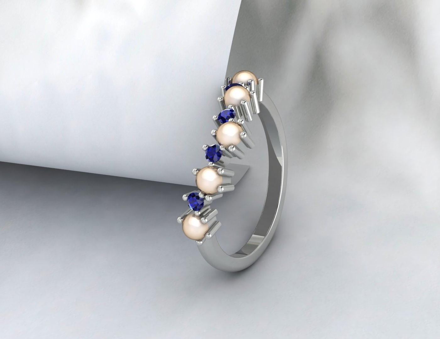 Pearl And Sapphire Curved Wedding Band Chevron Ring Matching Band