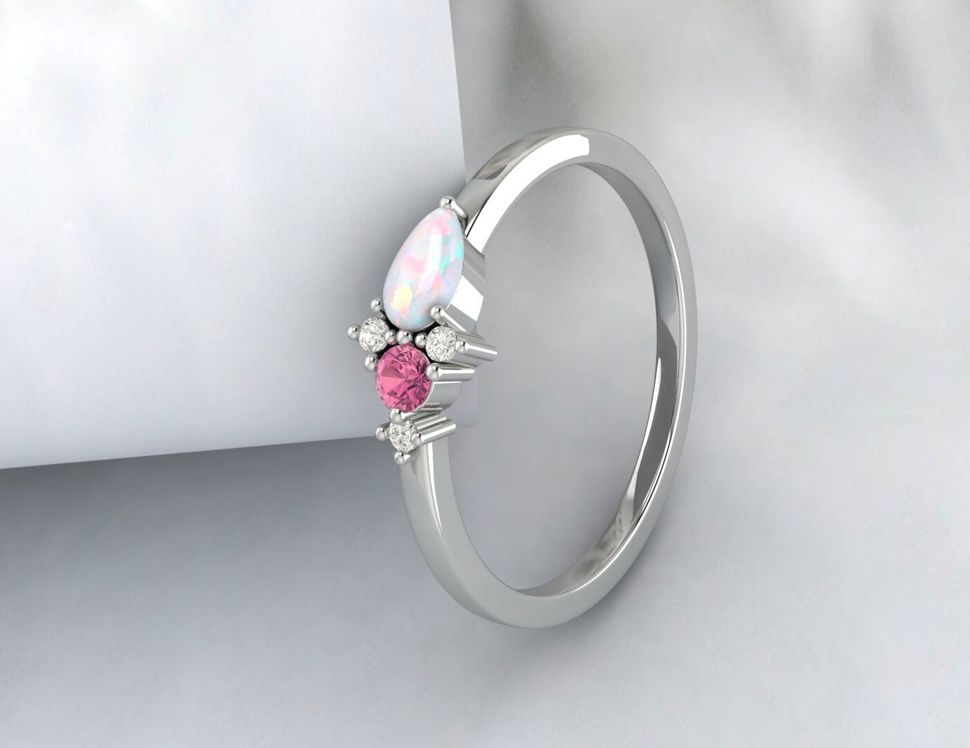 Pear Opal & Pink Tourmaline Darling Cluster Silver Ring Propose Ring