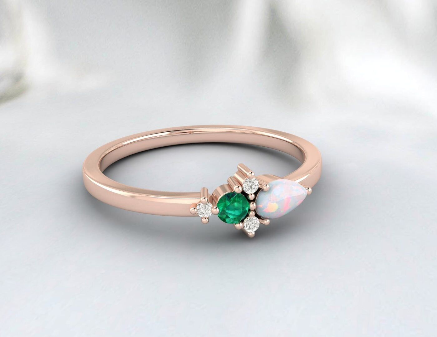 Australian Opal And Emerald Cluster Engagement Ring Anniversary Gift