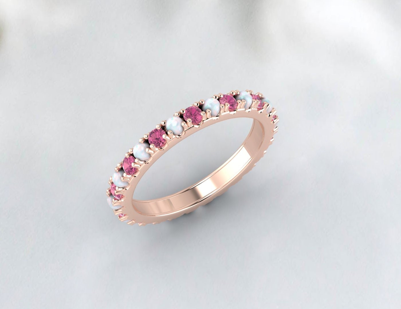 Opal and Pink Tourmaline Wedding Band 14K Rose Gold Filled Opal Wedding Ring October Birthstone Ring Gemstone Band Stackable Ring Anniversary Gift