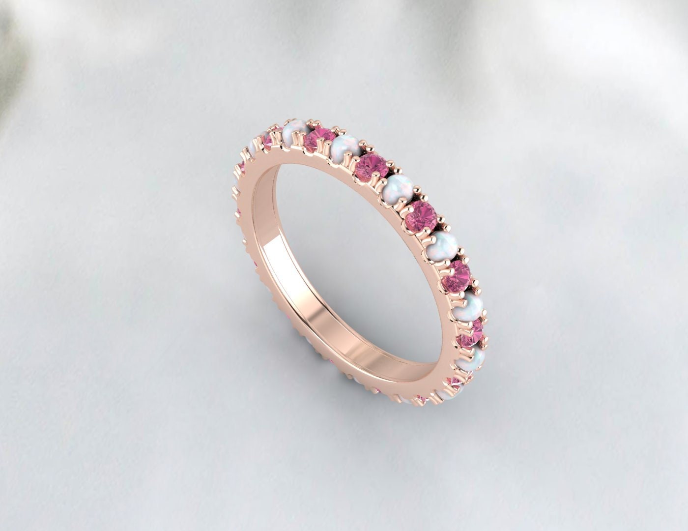 Opal and Pink Tourmaline Wedding Band 14K Rose Gold Filled Opal Wedding Ring October Birthstone Ring Gemstone Band Stackable Ring Anniversary Gift