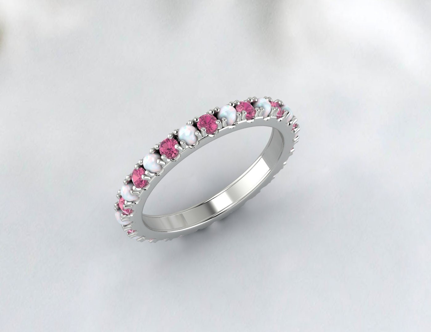 Opal and Pink Tourmaline Wedding Band 14K Rose Gold Filled Opal Wedding Ring October Birthstone Ring Gemstone Band Stackable Ring Anniversary Gift