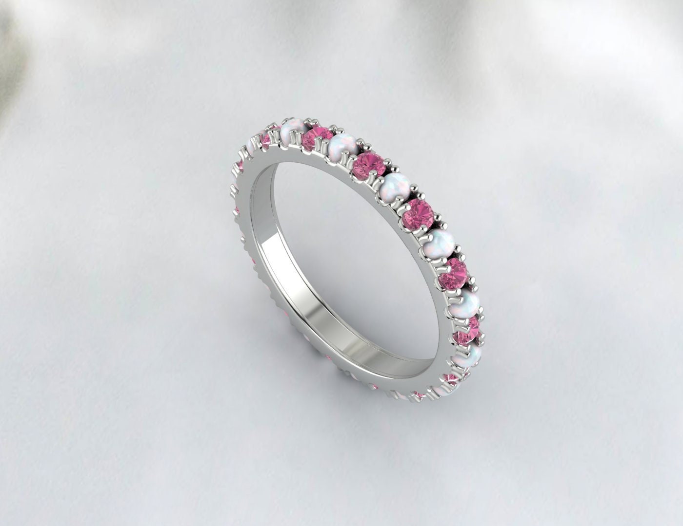 Opal and Pink Tourmaline Wedding Band 14K Rose Gold Filled Opal Wedding Ring October Birthstone Ring Gemstone Band Stackable Ring Anniversary Gift