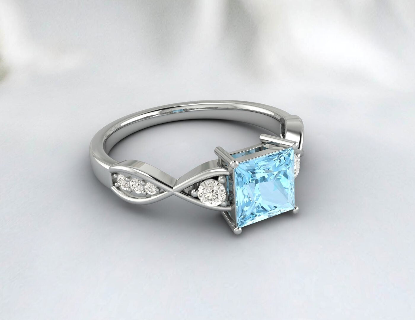 Princess Cut Aquamarine Engagement Ring Sterling Silver Ring March Birthstone Ring 14k Gold Twist Band Ring Gift For Her Diamond Ring