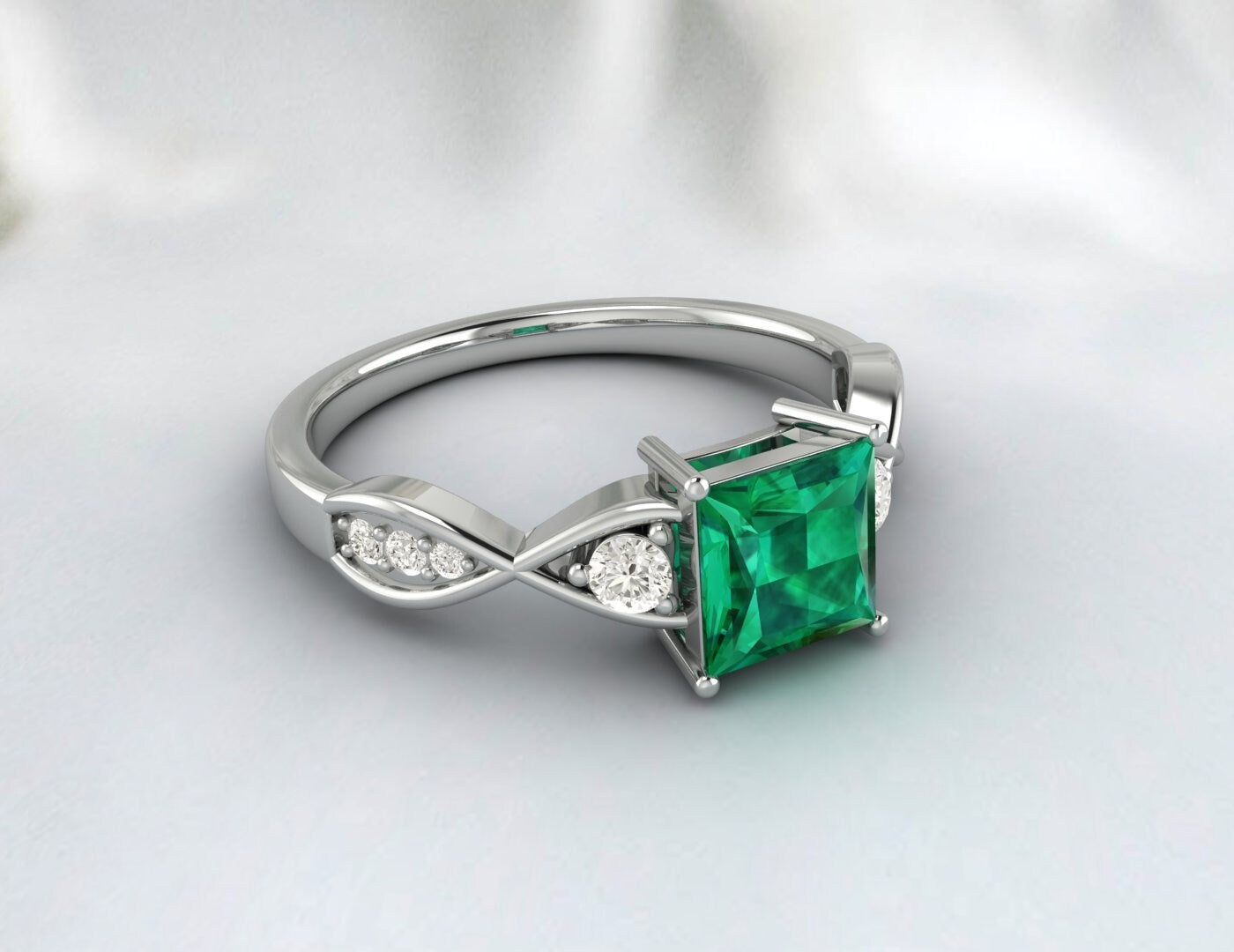 Princess Cut Emerald Engagement Ring Twist Wedding Ring Gift For Her