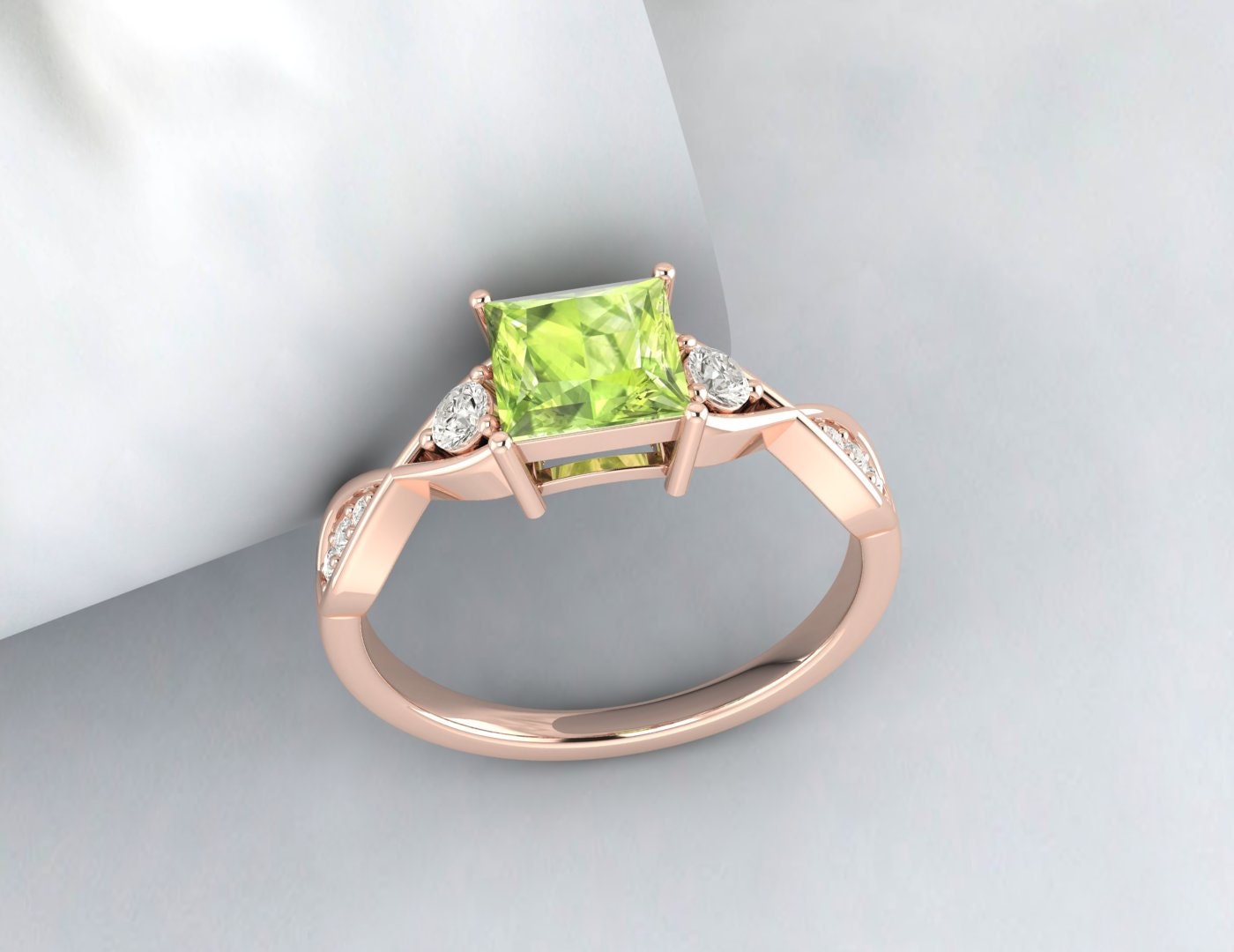 Natürlicher grüner Peridot im Prinzessschliff, Ehering, Brautgeschenk