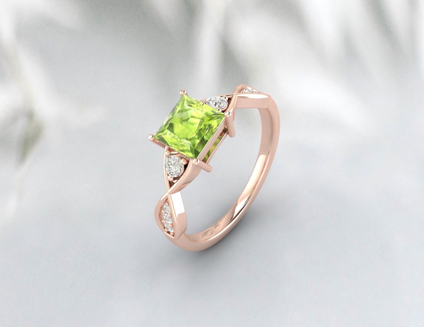 Natürlicher grüner Peridot im Prinzessschliff, Ehering, Brautgeschenk