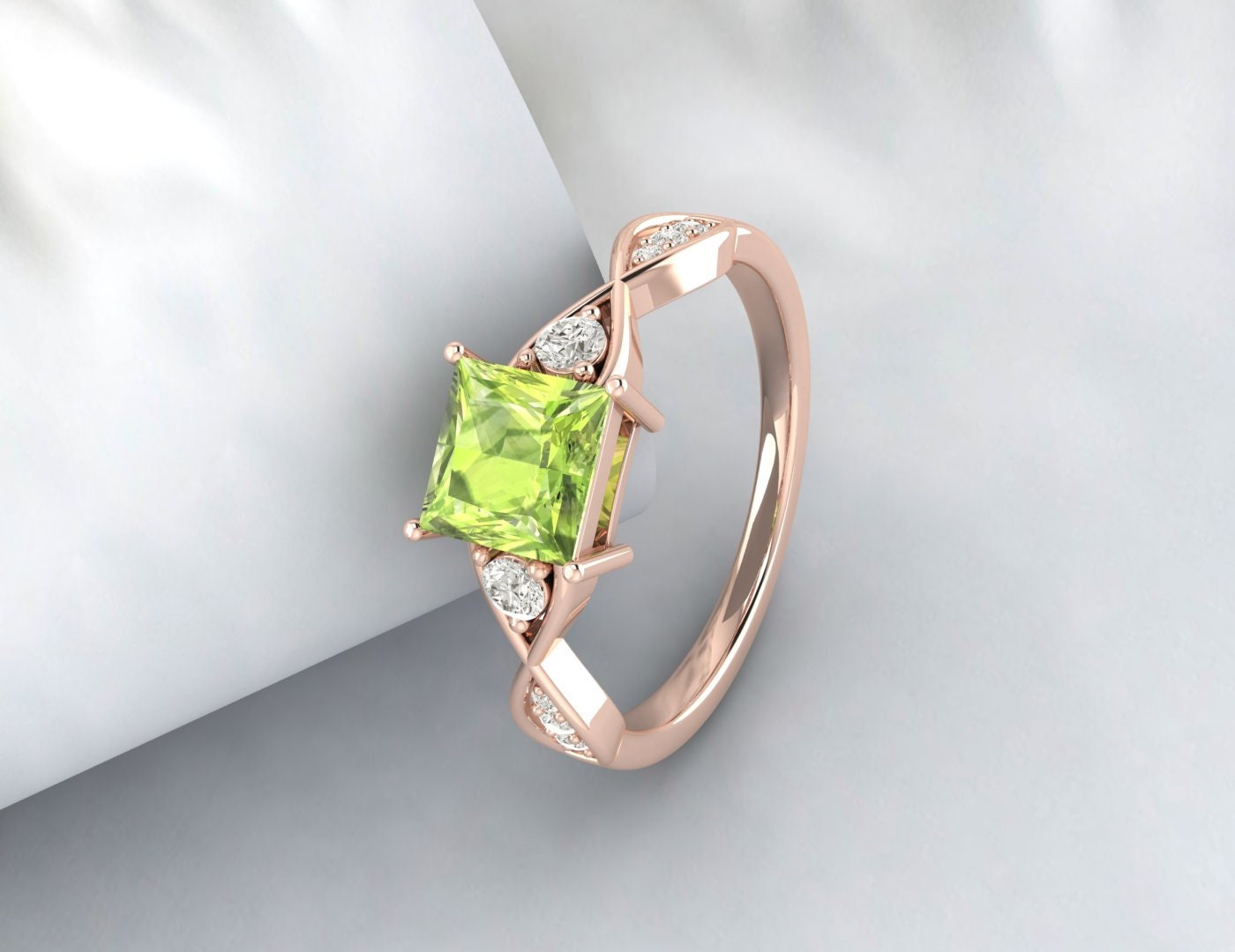 Natürlicher grüner Peridot im Prinzessschliff, Ehering, Brautgeschenk