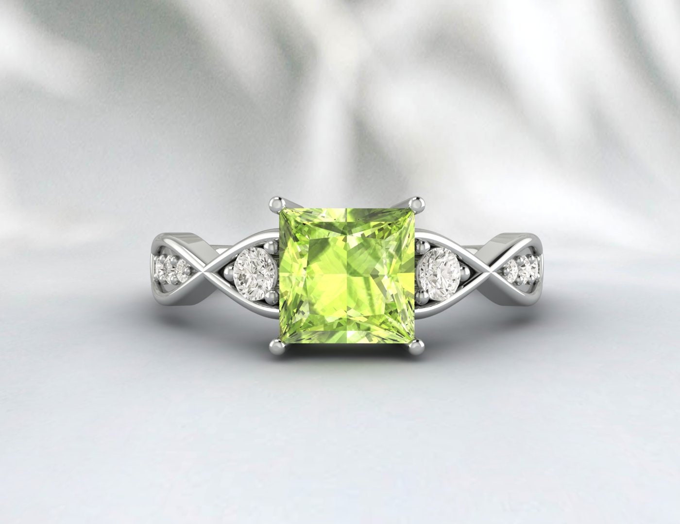 Natürlicher grüner Peridot im Prinzessschliff, Ehering, Brautgeschenk