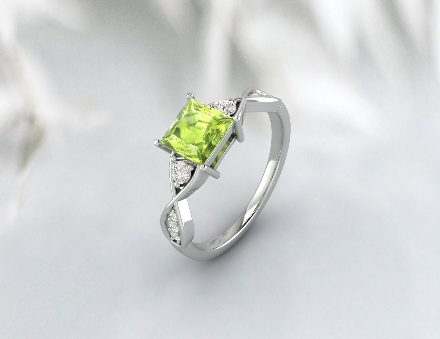 Natürlicher grüner Peridot im Prinzessschliff, Ehering, Brautgeschenk