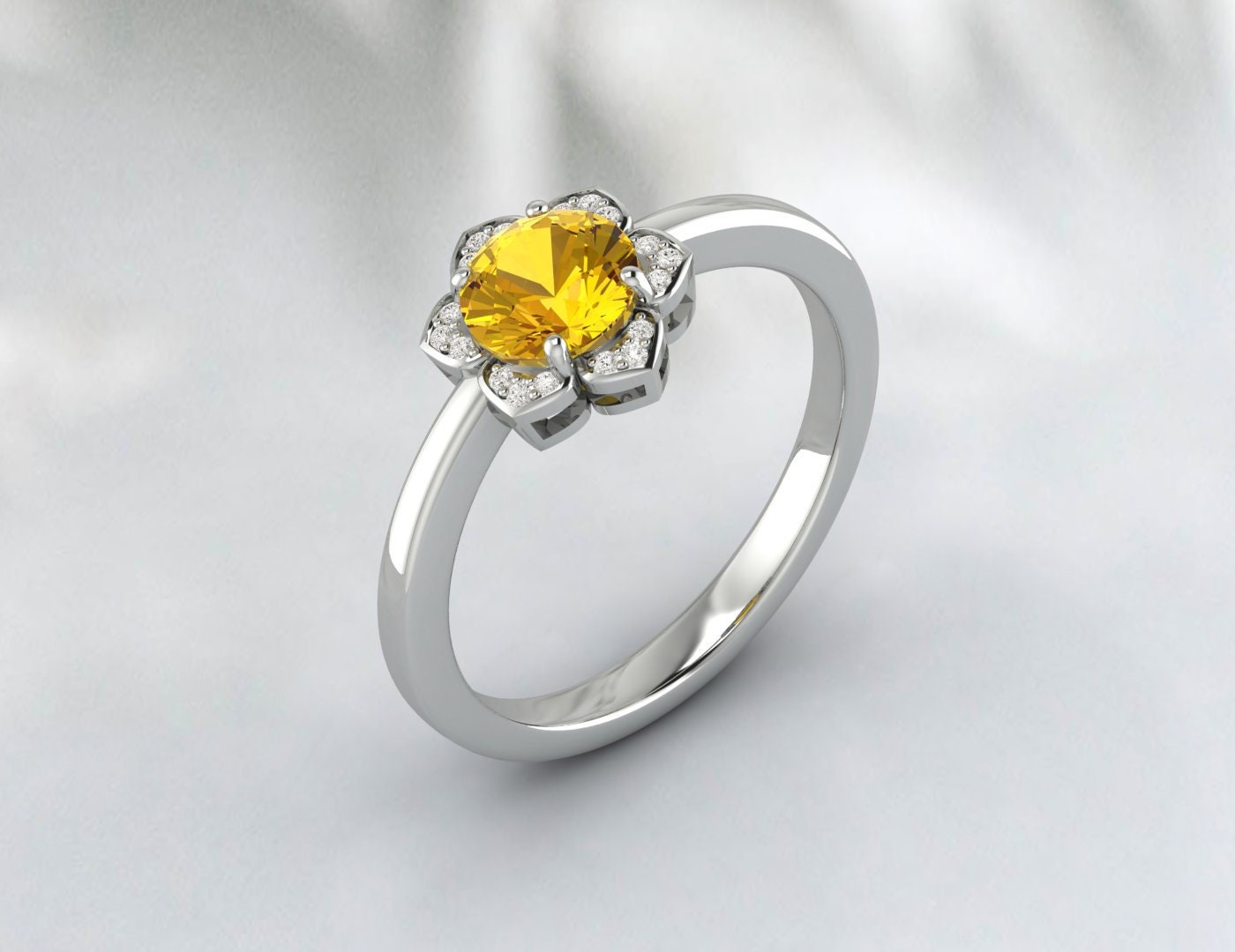 Natural Citrine Ring Engagement Ring Sterling Silver Round Cut Yellow Gemstone Ring November Birthstone Anniversary Gift Christmas Jewelry