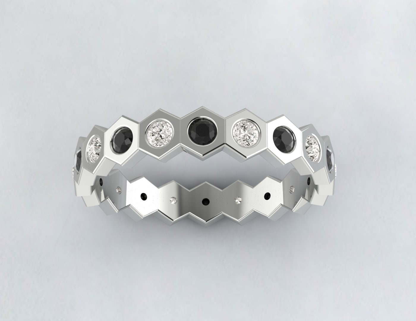 Hexagon Black Onyx Eternity Wedding Band Micro Pave Anniversary Ring