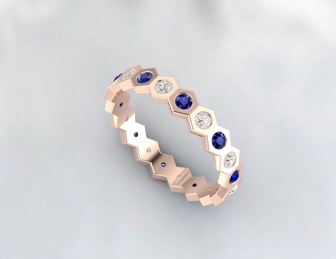 Diamond Blue Sapphire Eternity Wedding Band Hexagon Style Band