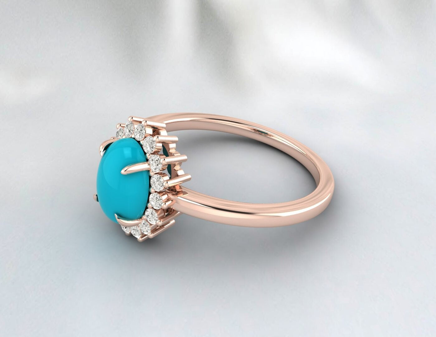 Natural Oval Blue Turquoise Halo Engagement Ring Diamond Wedding Band