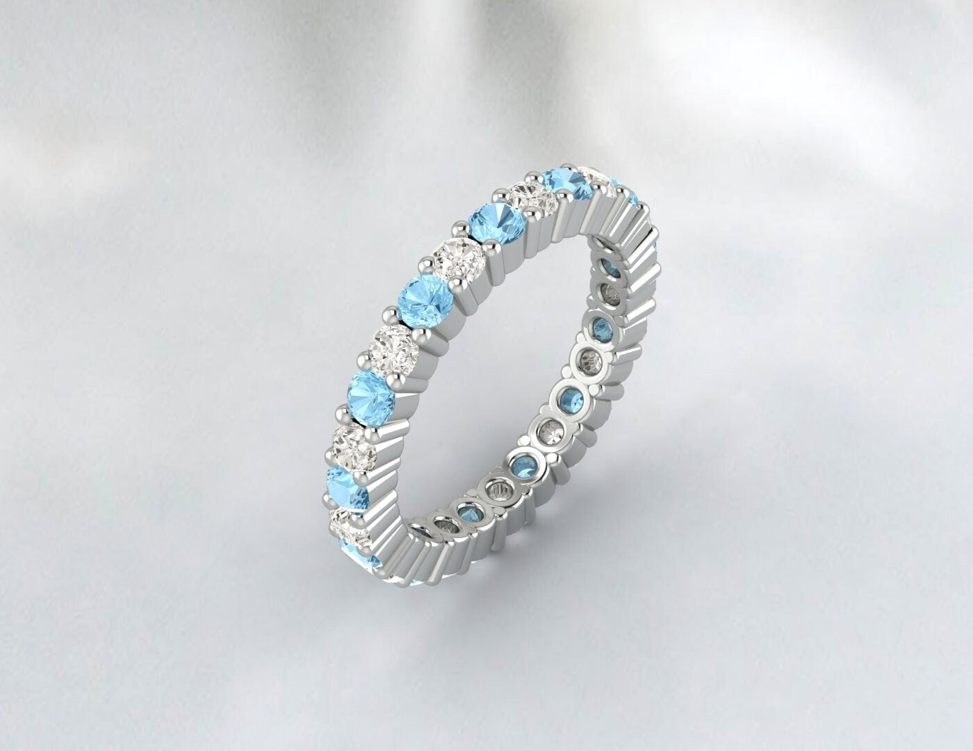 Round Aquamarine Wedding Band Bridal Ring Diamond Anniversary Ring
