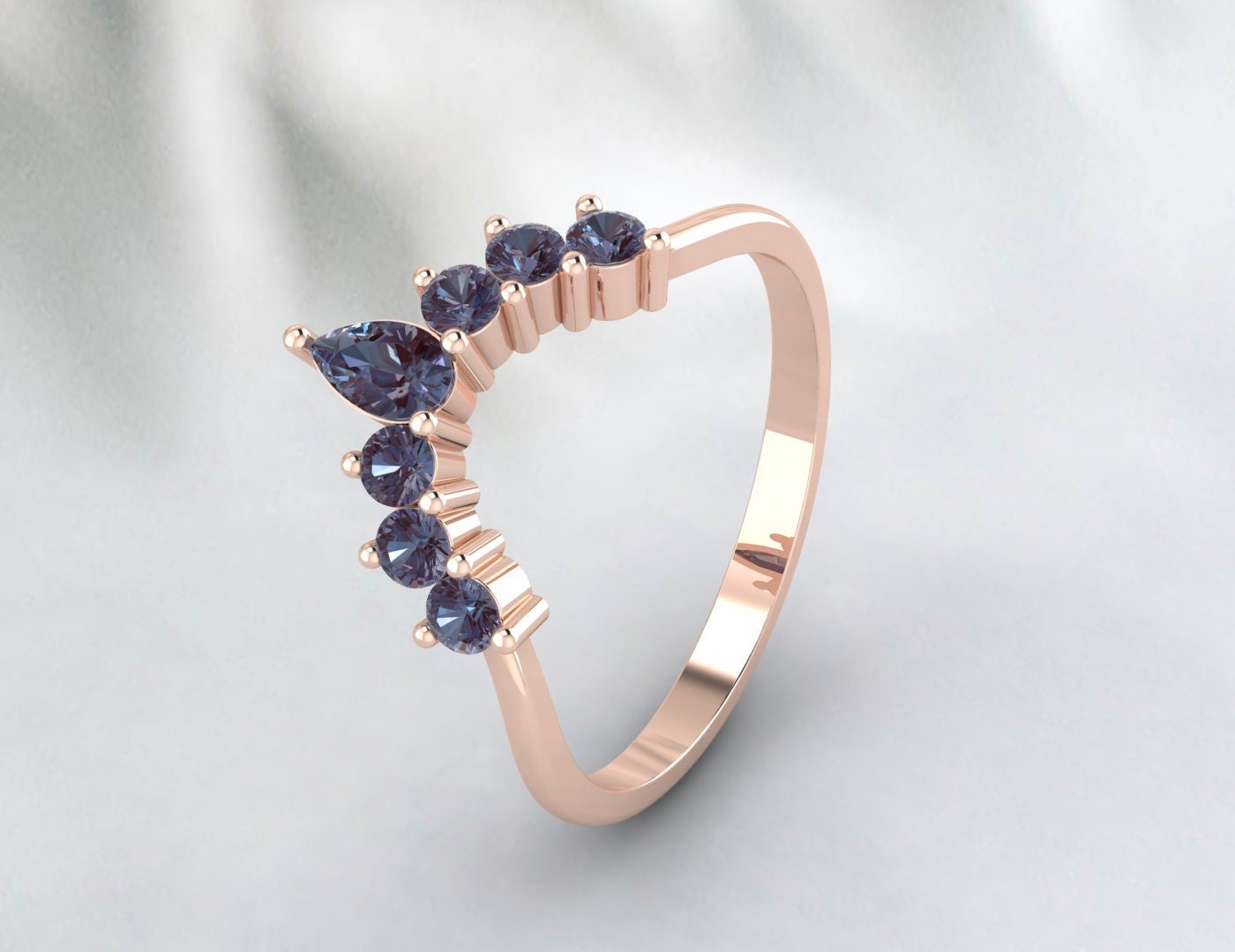 Pear Alexandrite Curved Wedding Band Engagement Ring For Bridal