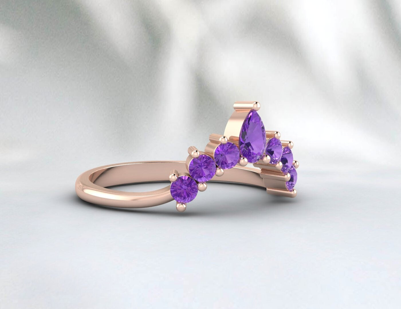Bague de mariage incurvée en améthyste violette en forme de larme, bague en améthyste poire