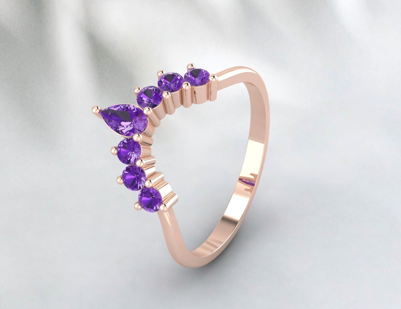 Bague de mariage incurvée en améthyste violette en forme de larme, bague en améthyste poire