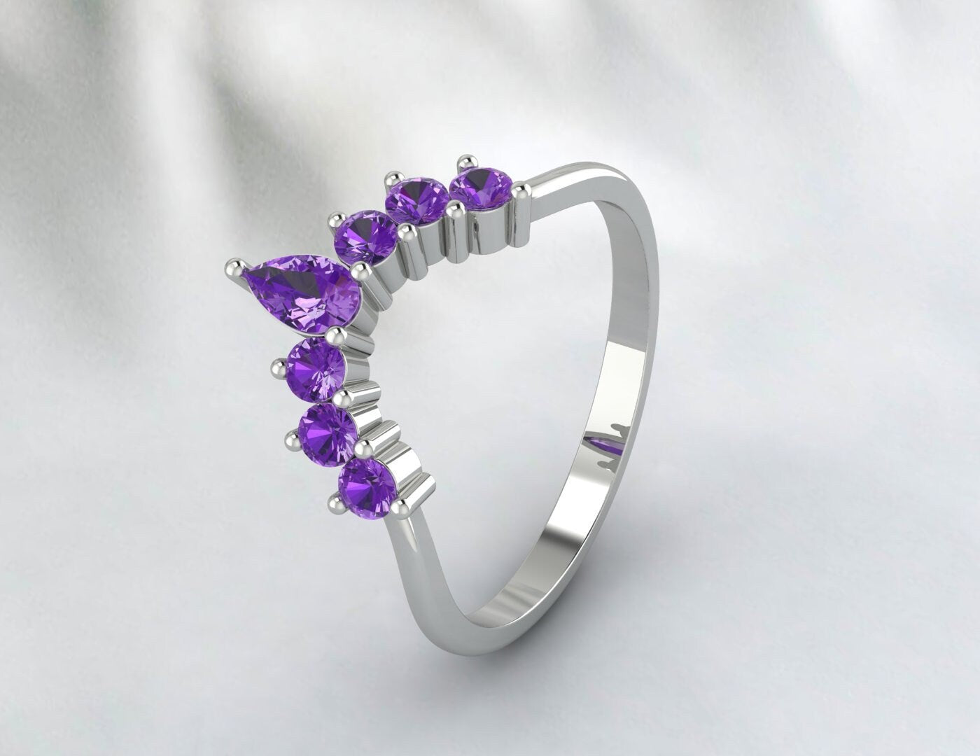 Bague de mariage incurvée en améthyste violette en forme de larme, bague en améthyste poire