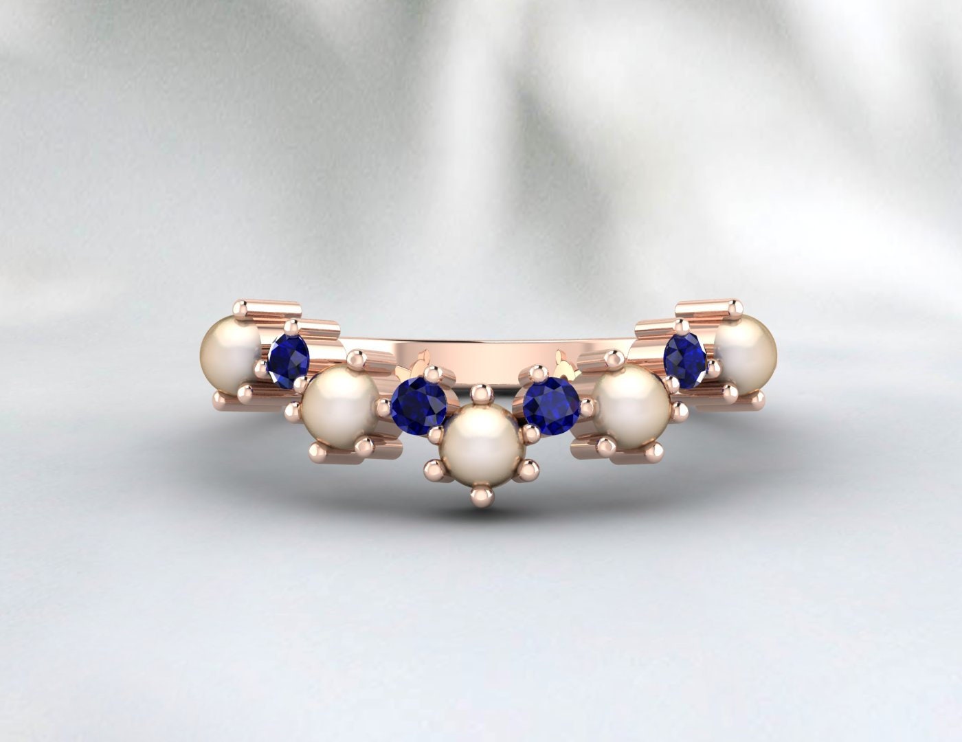 Pearl And Sapphire Curved Wedding Band Chevron Ring Matching Band