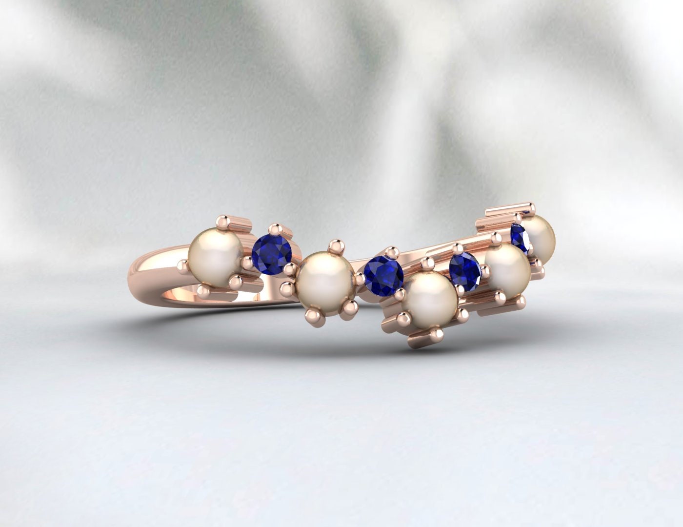 Pearl And Sapphire Curved Wedding Band Chevron Ring Matching Band