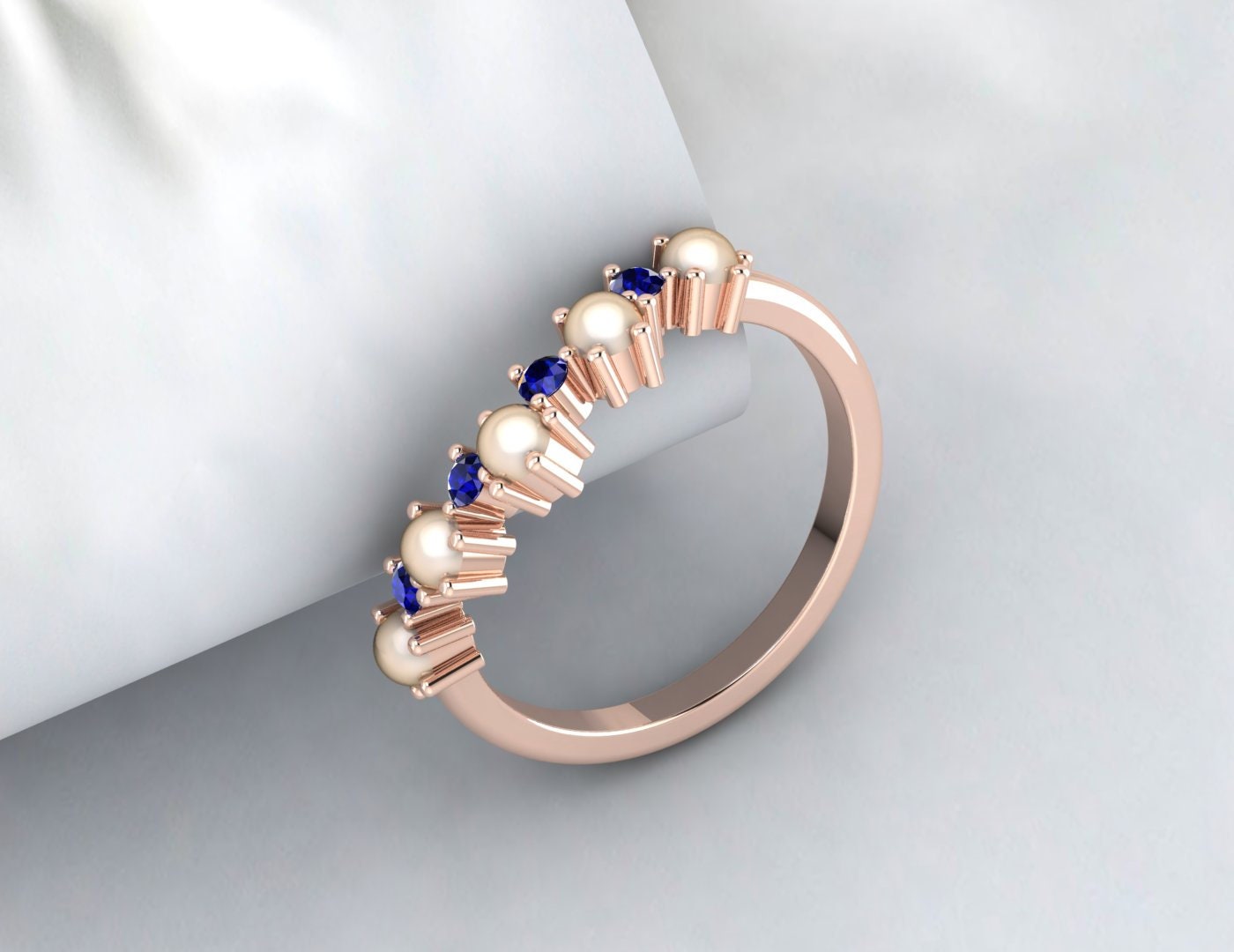 Pearl And Sapphire Curved Wedding Band Chevron Ring Matching Band