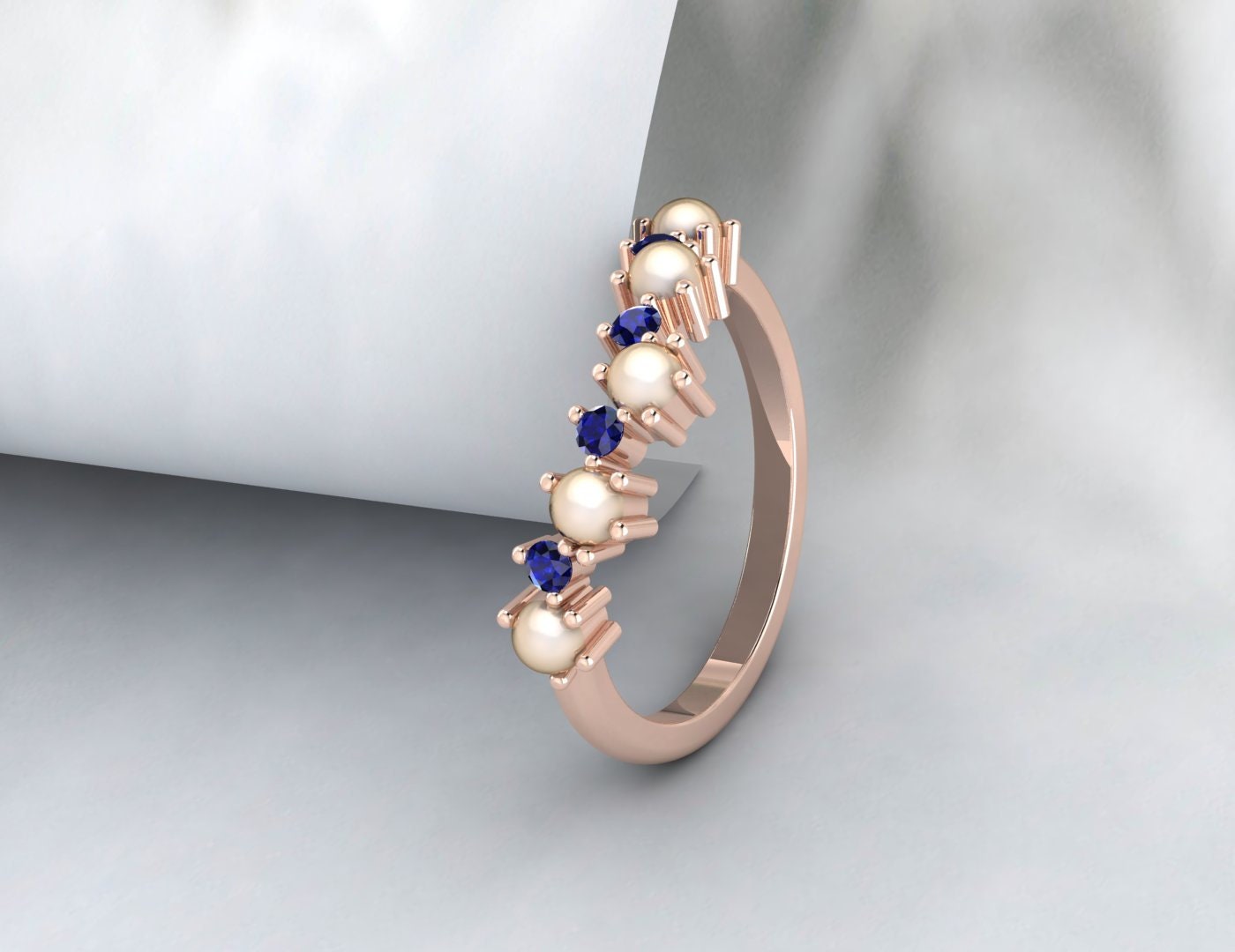 Pearl And Sapphire Curved Wedding Band Chevron Ring Matching Band