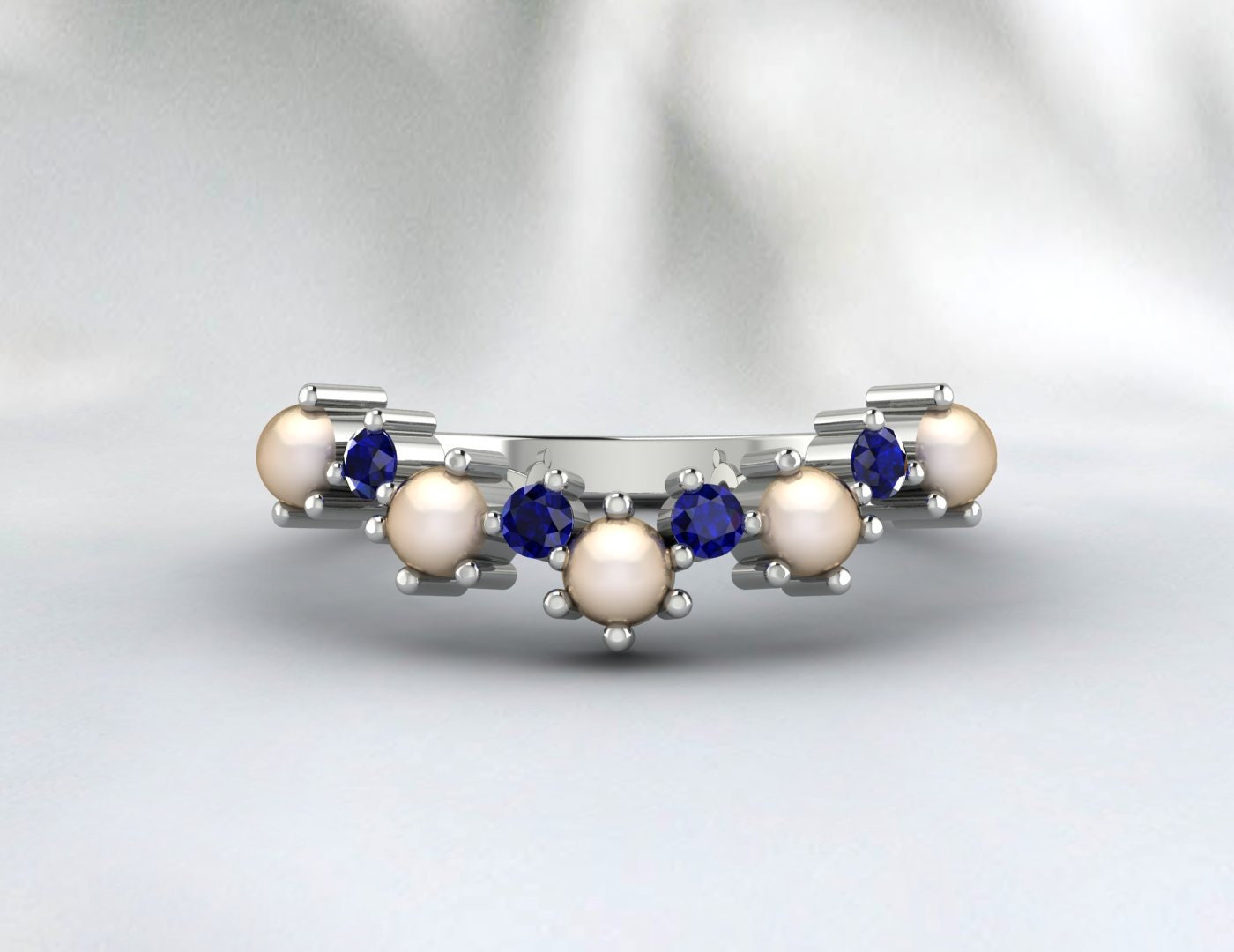 Pearl And Sapphire Curved Wedding Band Chevron Ring Matching Band