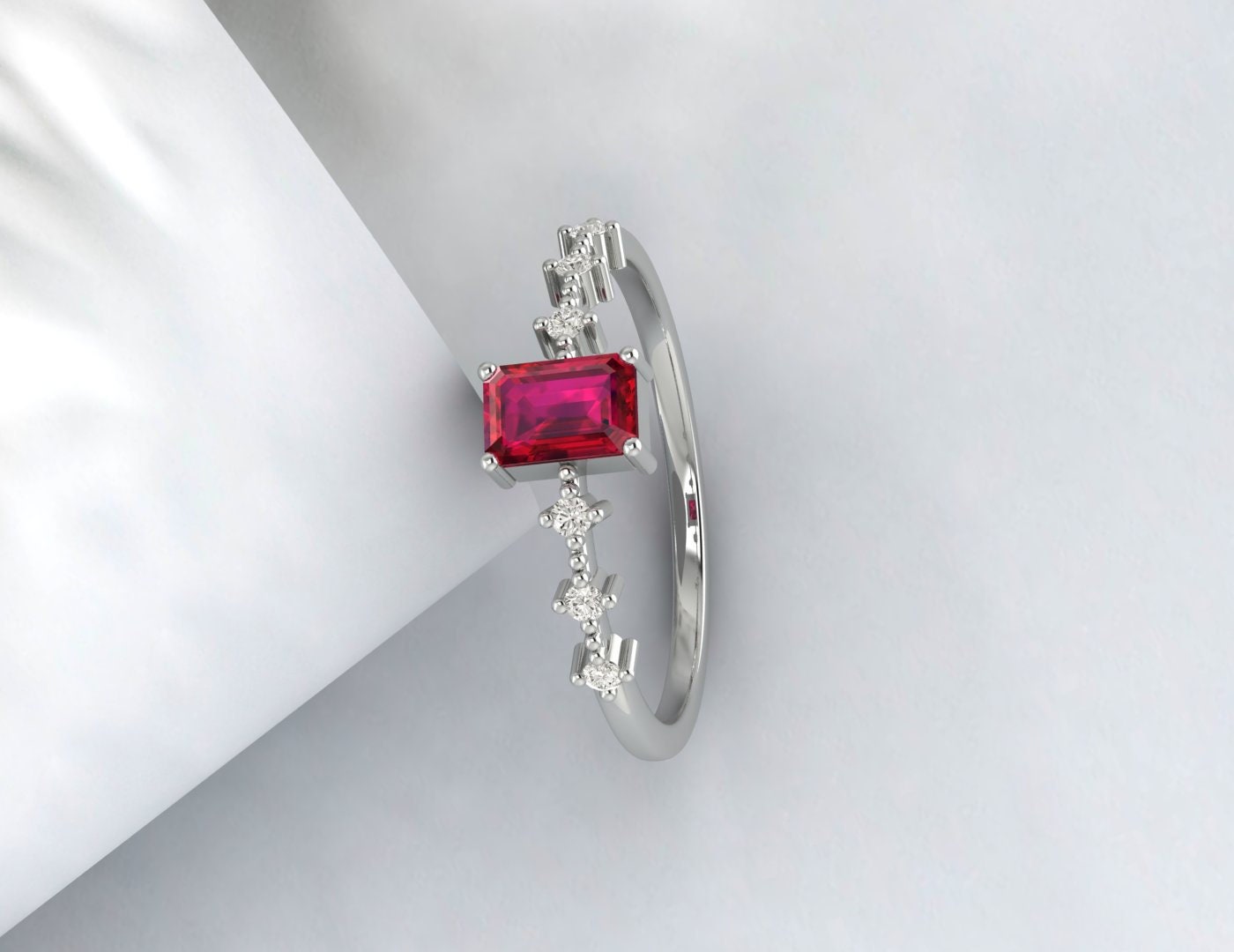Ruby Engagement Ring Sterling Silver 925 | Emerald Cut July Birthstone Minimalist