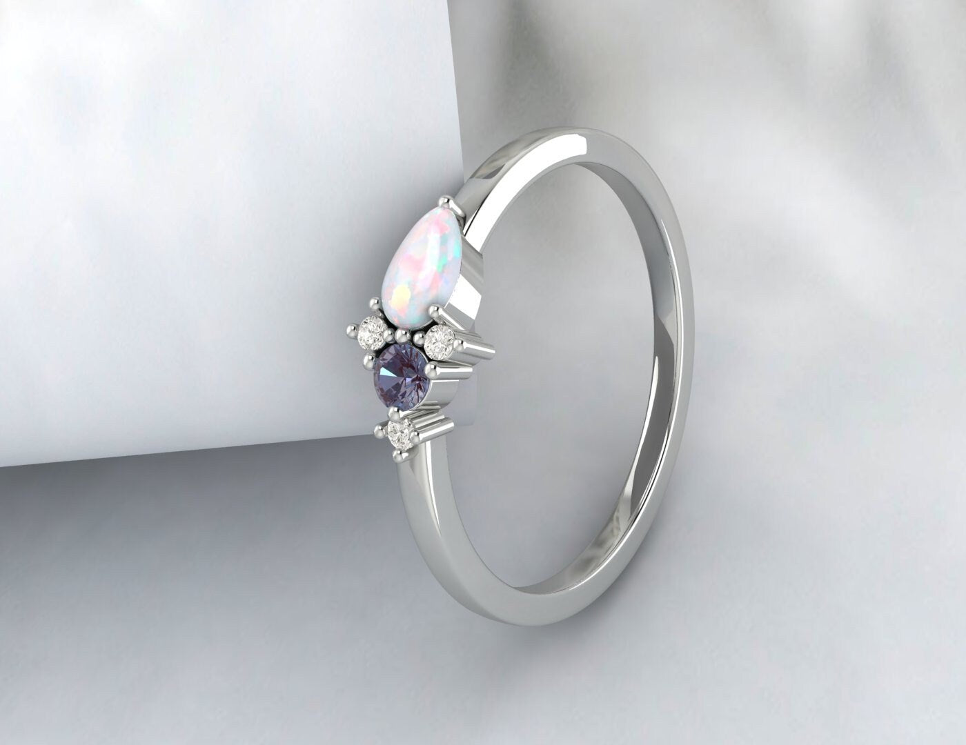 Rainbow Opal And Alexandrite Cluster Wedding Ring Engagement Ring