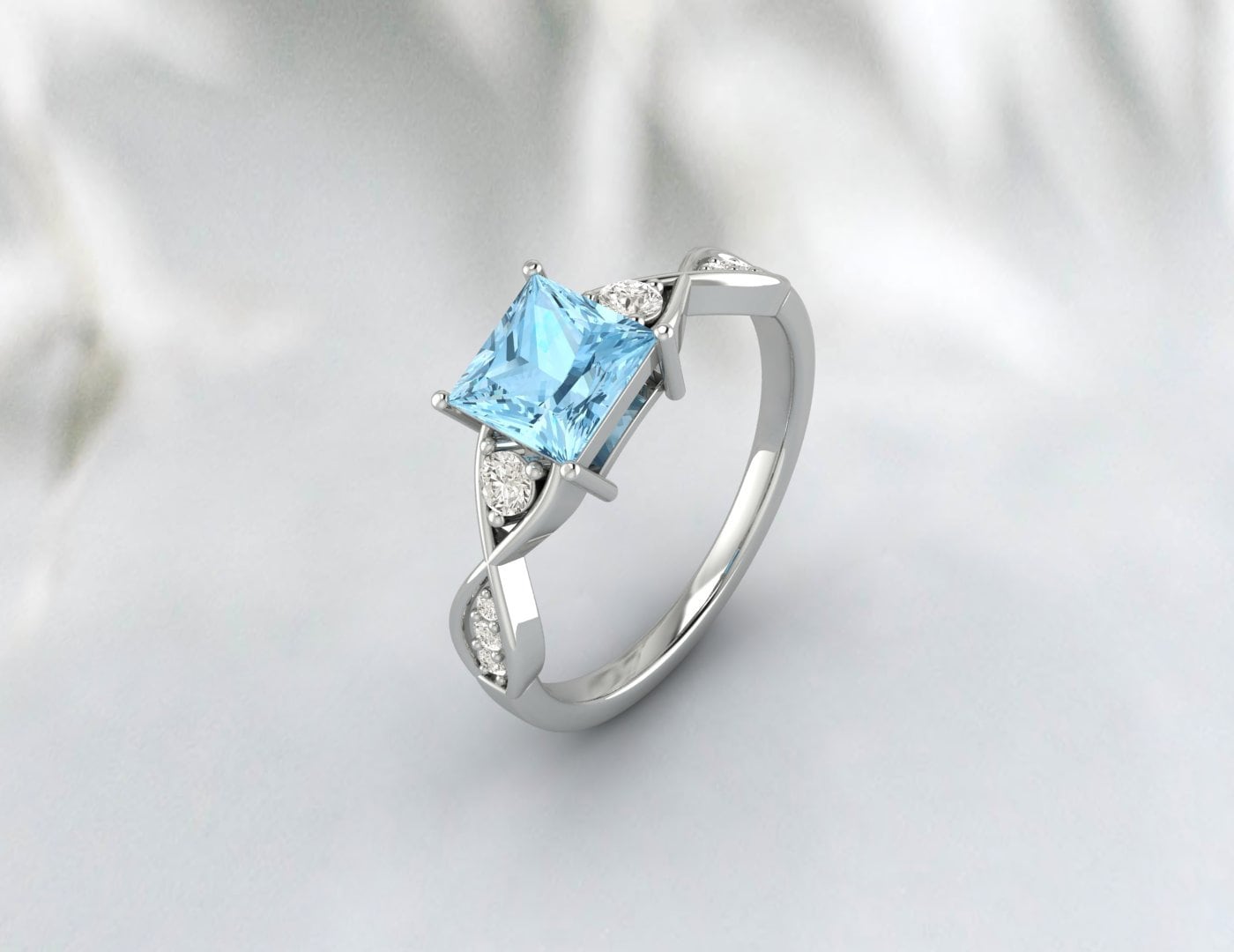 Princess Cut Aquamarine Engagement Ring Sterling Silver Ring March Birthstone Ring 14k Gold Twist Band Ring Gift For Her Diamond Ring