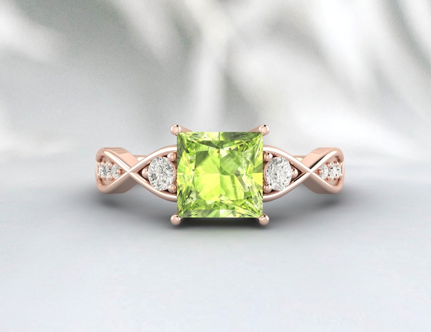 Natürlicher grüner Peridot im Prinzessschliff, Ehering, Brautgeschenk