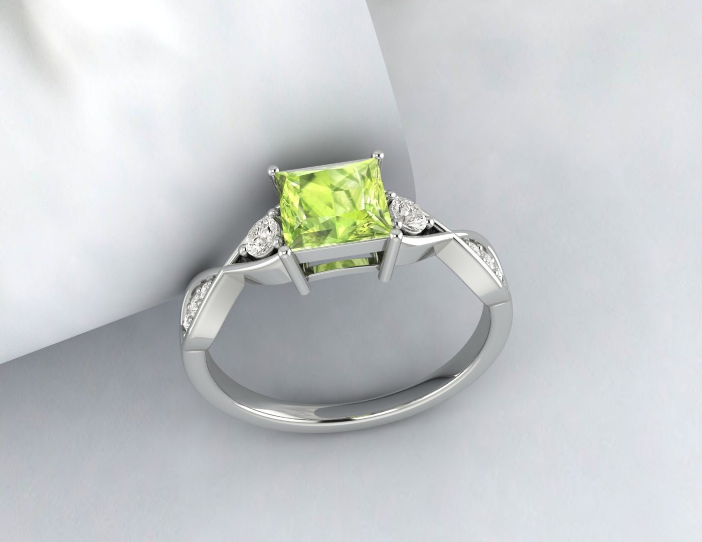 Natürlicher grüner Peridot im Prinzessschliff, Ehering, Brautgeschenk
