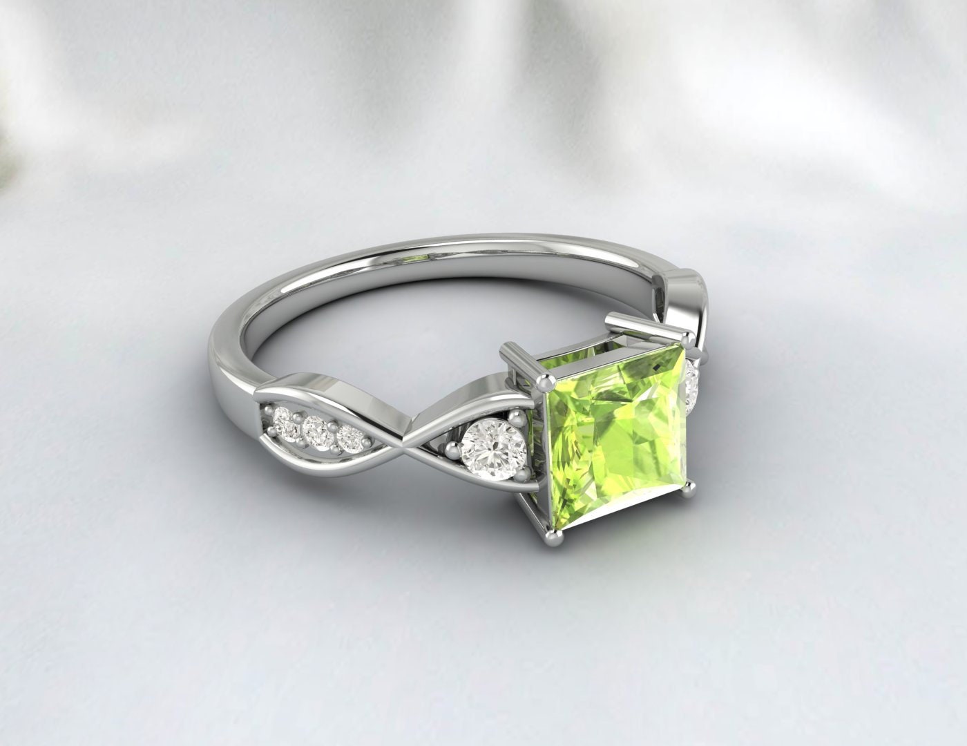 Natürlicher grüner Peridot im Prinzessschliff, Ehering, Brautgeschenk