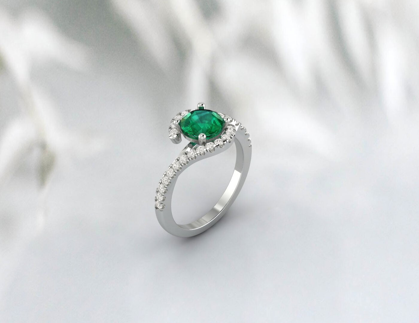 Green Emerald Engagement Ring Silver Ring Bypass Emerald Wedding Ring