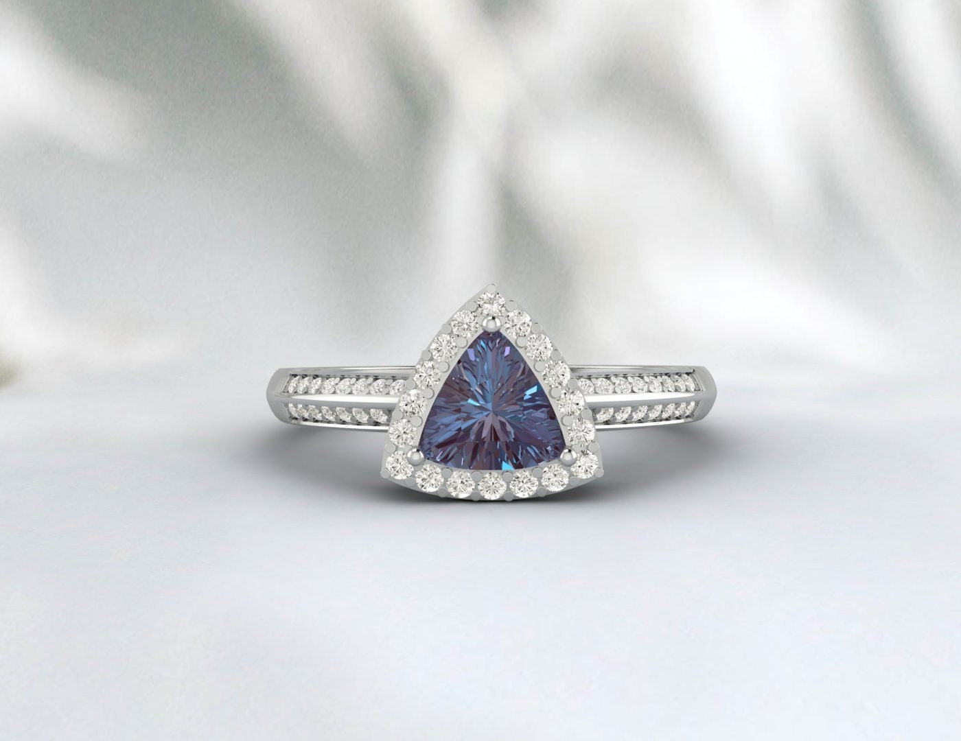 Trillion Cut Alexandrite Ring For Women Vintage Alexandrite Engagement Ring White Gold Silver Dainty Ring Art Deco Moissanite Wedding Ring