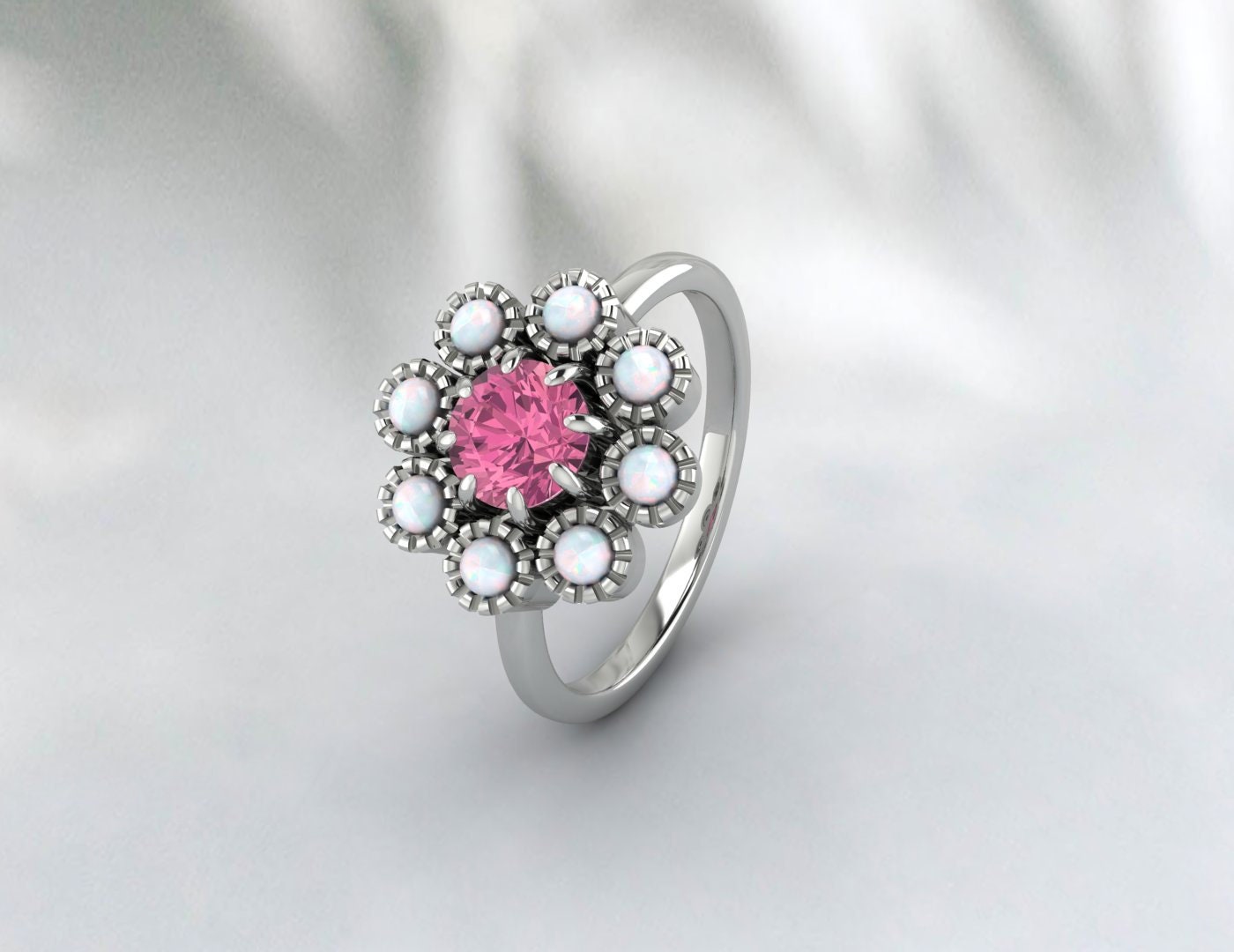 Opal & Pink Tourmaline Floral Ring, Gold Ring, 925 Sterling Silver Ring, October Birthstone Ring, Vintage Ring, Wedding Gift, Ring For Her