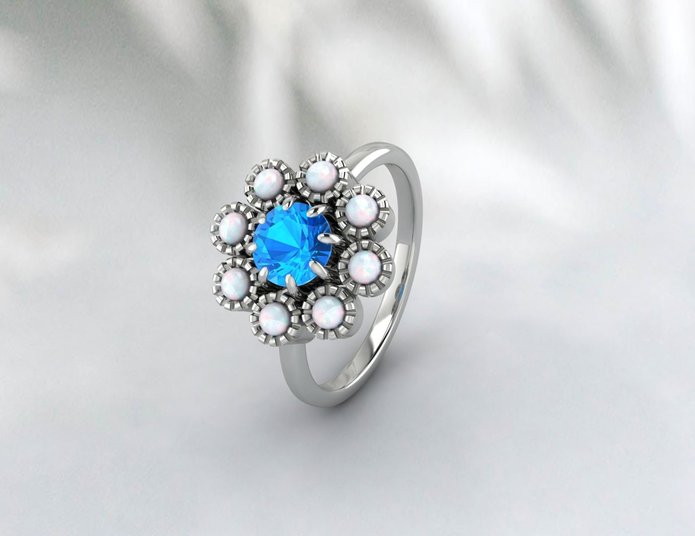 Opal&Swis Blue Topaz Sunflower Ring Antique Art Deco Engagement Ring