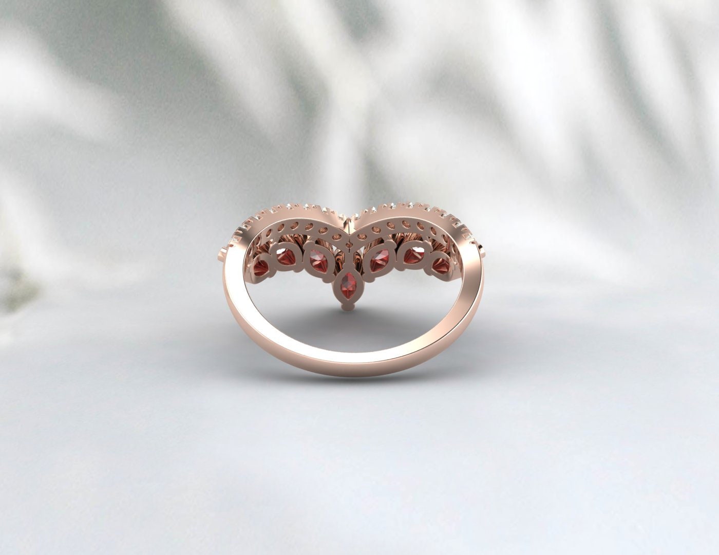 Red Garnet Wedding Ring Vintage V Curved Matching Band Promise Ring