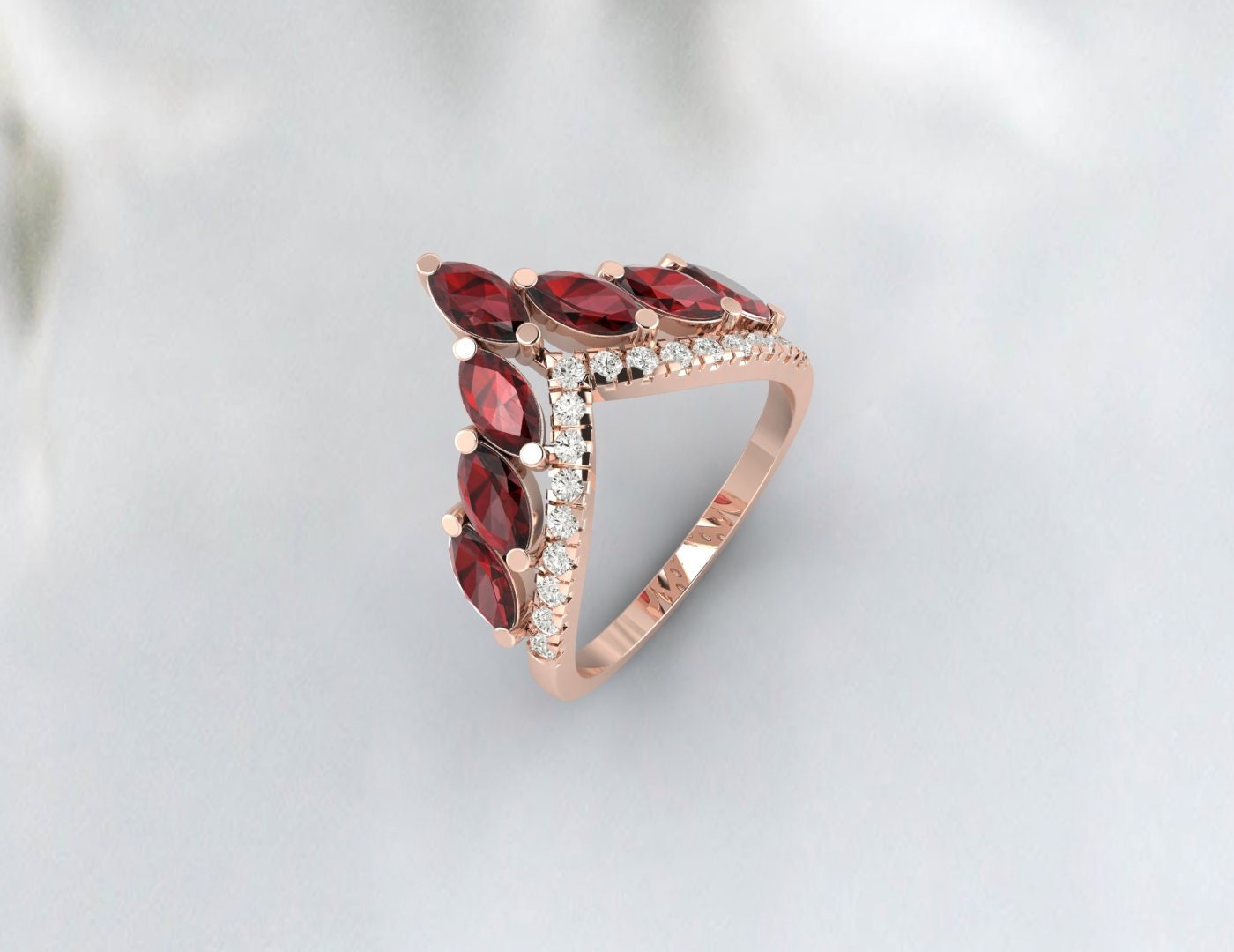 Red Garnet Wedding Ring Vintage V Curved Matching Band Promise Ring