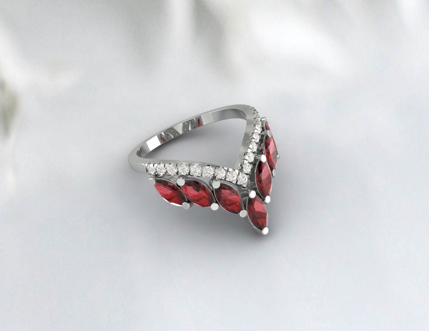 Red Garnet Wedding Ring Vintage V Curved Matching Band Promise Ring