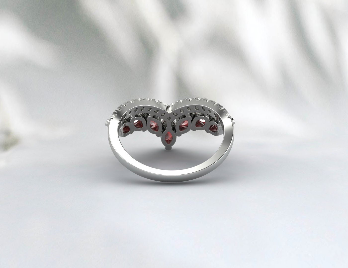 Red Garnet Wedding Ring Vintage V Curved Matching Band Promise Ring