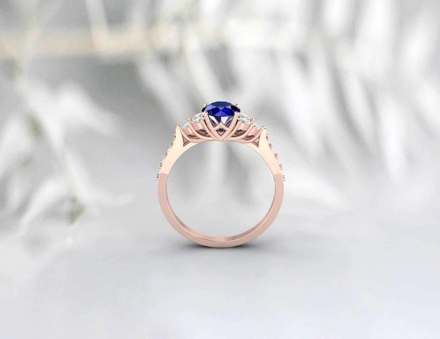 Round Sapphire Ring 14k White Gold September Birthstone Treo set Engagement Ring
