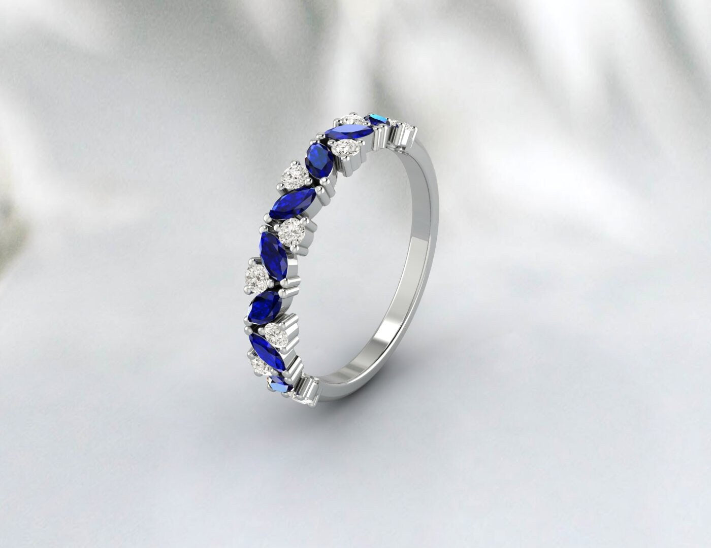 Marquise Cut Blue Sapphire Wedding Band Cluster Engagement Ring